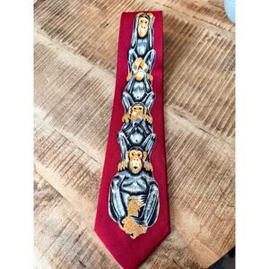 Kai Long Silk Tie Red Three Wise Monkeys See Hear Speak Novelty